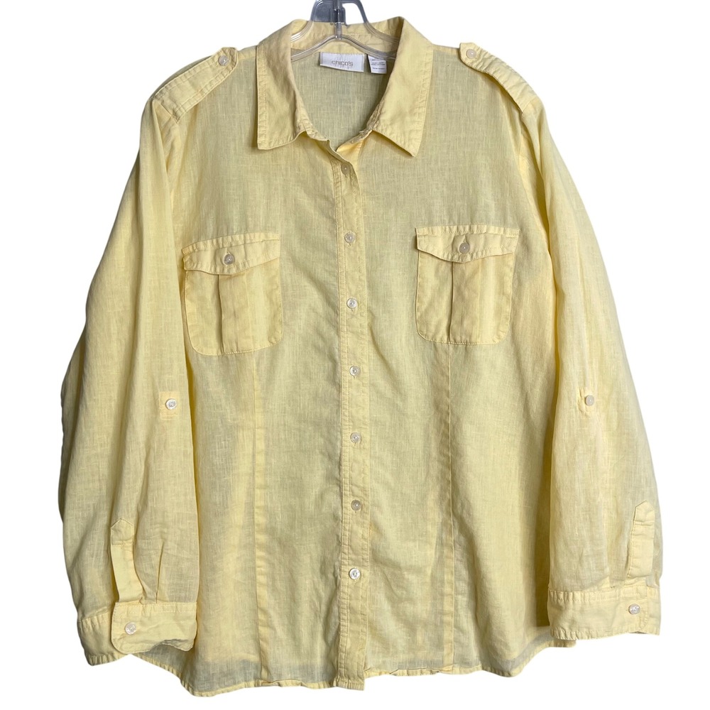 Chico's Linen Blend Shirt Womens XL 3 Yellow Preppy Beachy Lagenlook Lightweight